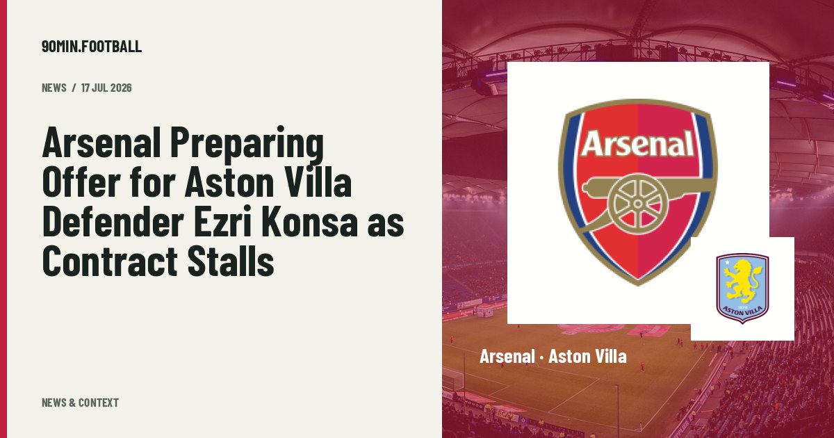 Editorial graphic: Arsenal Preparing Offer for Aston Villa Defender Ezri Konsa as Contract Stalls. Not a photograph of this event.