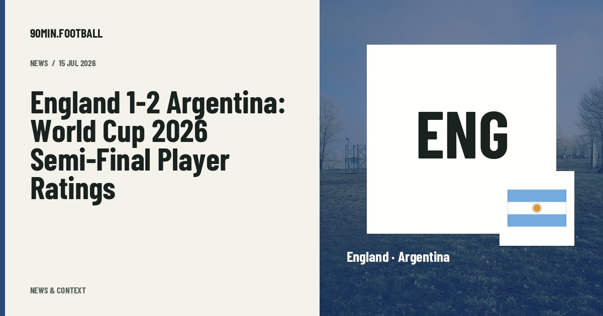 Editorial graphic: England 1-2 Argentina: World Cup 2026 Semi-Final Player Ratings. Not a photograph of this event.