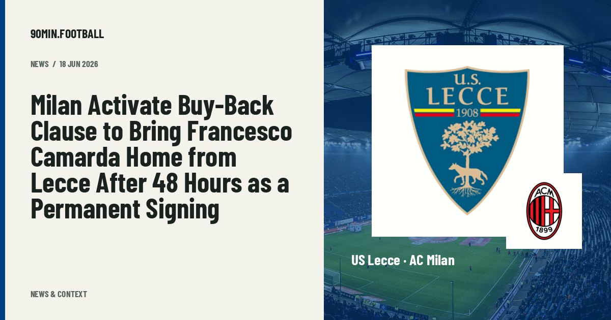 Editorial graphic: Milan Activate Buy-Back Clause to Bring Francesco Camarda Home from Lecce After 48 Hours as a Permanent Signing. Not a photograph of this event.
