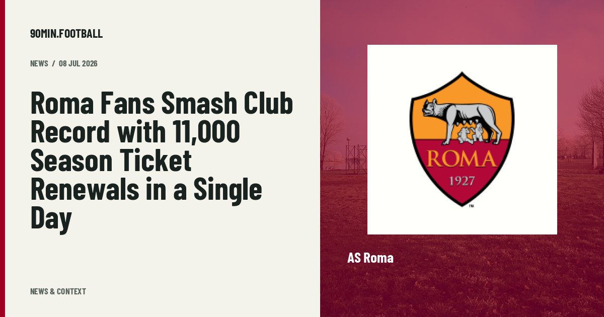Editorial graphic: Roma Fans Smash Club Record with 11,000 Season Ticket Renewals in a Single Day. Not a photograph of this event.