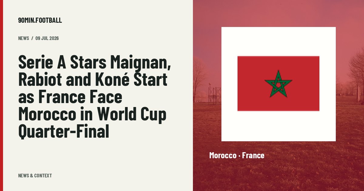 Editorial graphic: Serie A Stars Maignan, Rabiot and Koné Start as France Face Morocco in World Cup Quarter-Final. Not a photograph of this event.