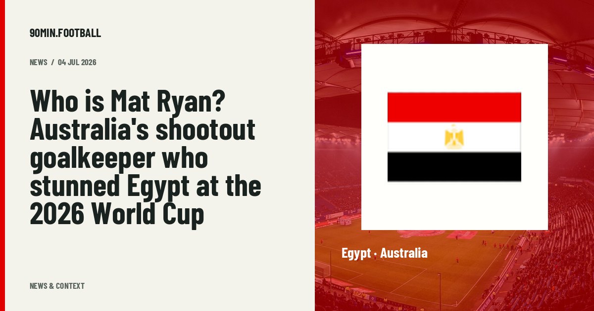 Editorial graphic: Who is Mat Ryan? Australia's shootout goalkeeper who stunned Egypt at the 2026 World Cup. Not a photograph of this event.