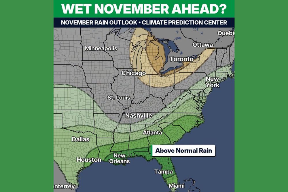 El Niño Tilts November Toward Above Normal Rain Across Georgia, Alabama, Louisiana and Florida as Michigan and Ohio Lean Drier Than Usual