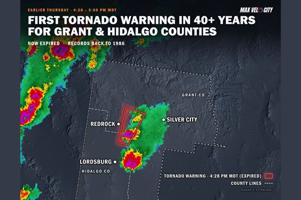 Grant and Hidalgo Counties in Southwest New Mexico Receive First Tornado Warning in Over 40 Years as Rotating Storm Moves Near Redrock Thursday