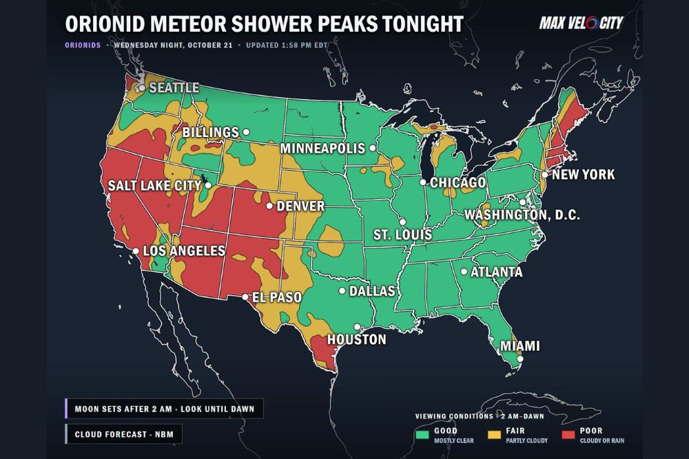 Orionid Meteor Shower Peaks With Clear Skies Over Texas, Illinois, Georgia and Florida While Clouds Block Views in California, Arizona and Utah