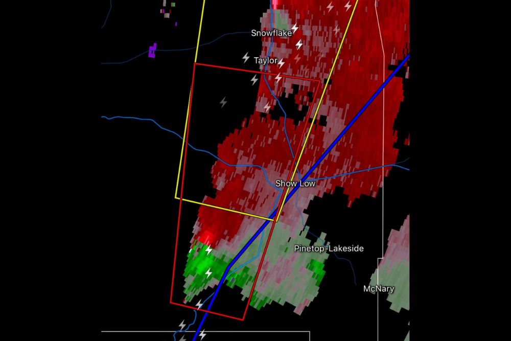 Rare Anticyclonic Storm Triggers a Tornado Warning West of Show Low, Arizona as Storm Chasers Track the Rotation Near Pinetop and Taylor