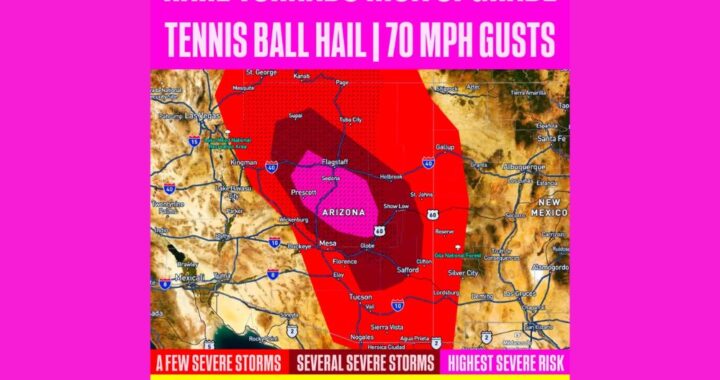 Rare Level 3 Severe Risk Targets Flagstaff, Sedona and Prescott in Arizona Wednesday as Tornadoes, Tennis Ball Hail and 70 MPH Gusts Threaten
