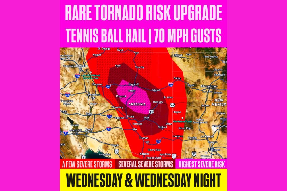 Rare Level 3 Severe Risk Targets Flagstaff, Sedona and Prescott in Arizona Wednesday as Tornadoes, Tennis Ball Hail and 70 MPH Gusts Threaten