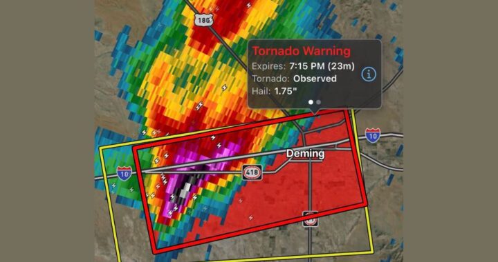 Tornado Warning Issued as Observed Tornado Moves Toward Deming, New Mexico Monday Evening With Hail up to 1.75 Inches Along Interstate 10