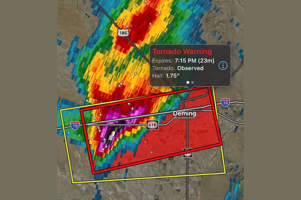 Tornado Warning Issued as Observed Tornado Moves Toward Deming, New Mexico Monday Evening With Hail up to 1.75 Inches Along Interstate 10